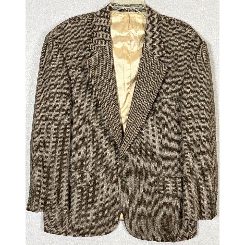 Vtg Lands End Blazer Mens 44S Brown Herringbone Wool Lambswool Made In USA